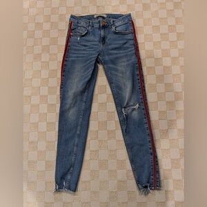 Zara Blue Skinny Jeans with Red Stripes Size 4